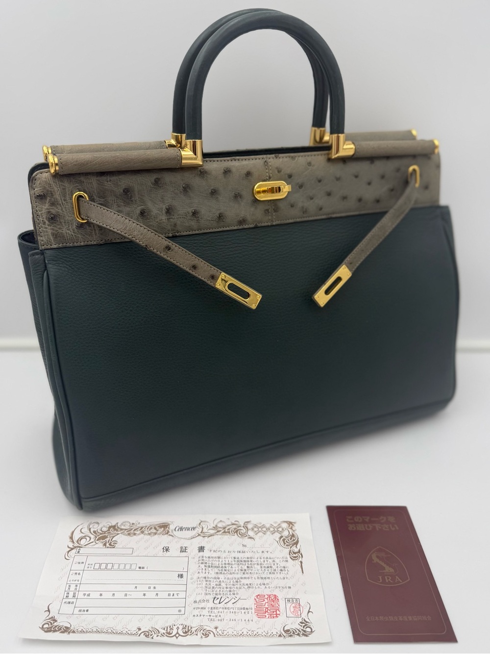 🗼CÉLENCEE GINZA Blue Green / Grey Touch Exotic OSTRICH Loom Bag • Made in JAPAN - Picture 2 of 16